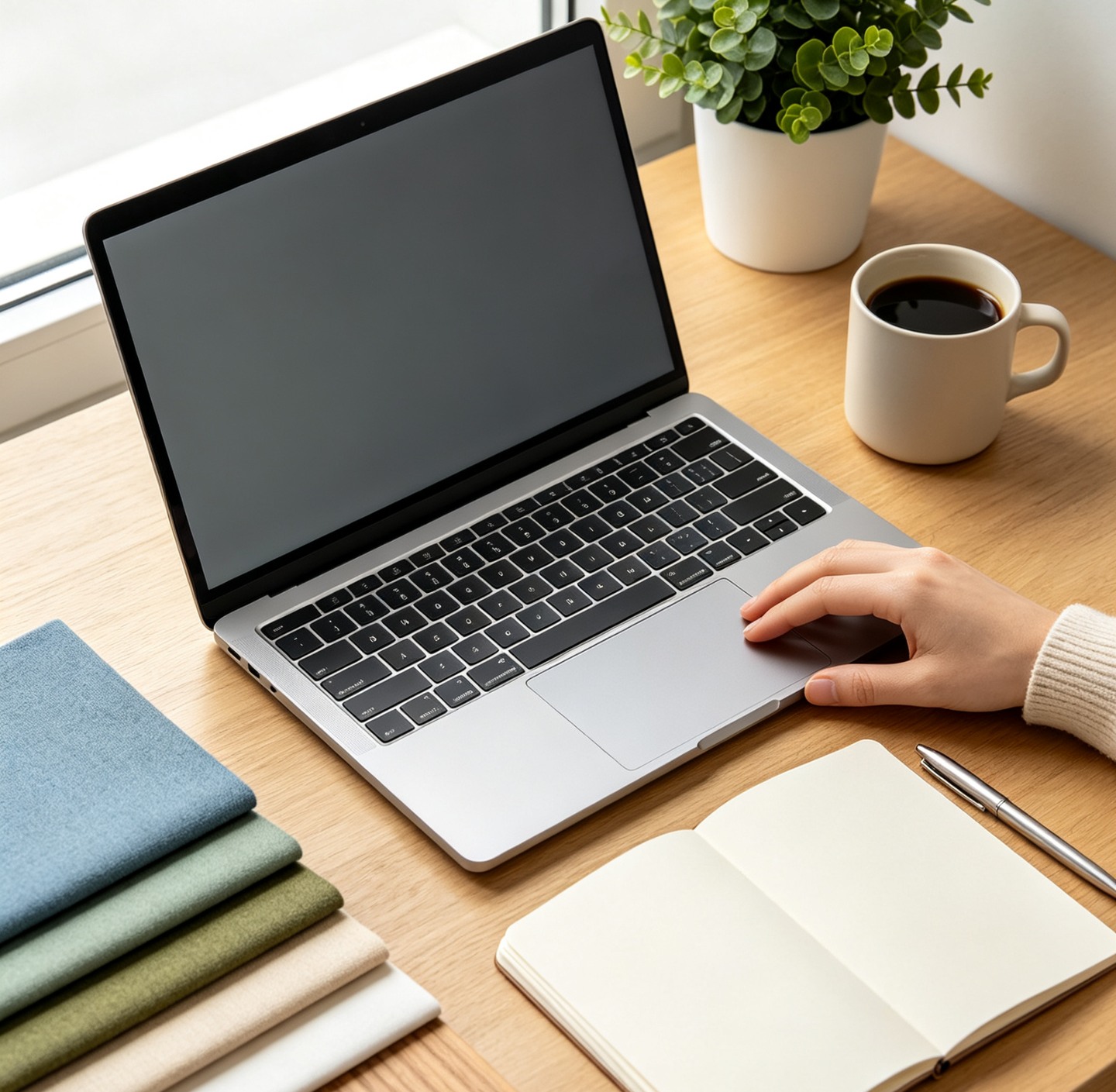 Modern sourcing desk with laptop and material swatches for fast B2B quotes, PNGlobal