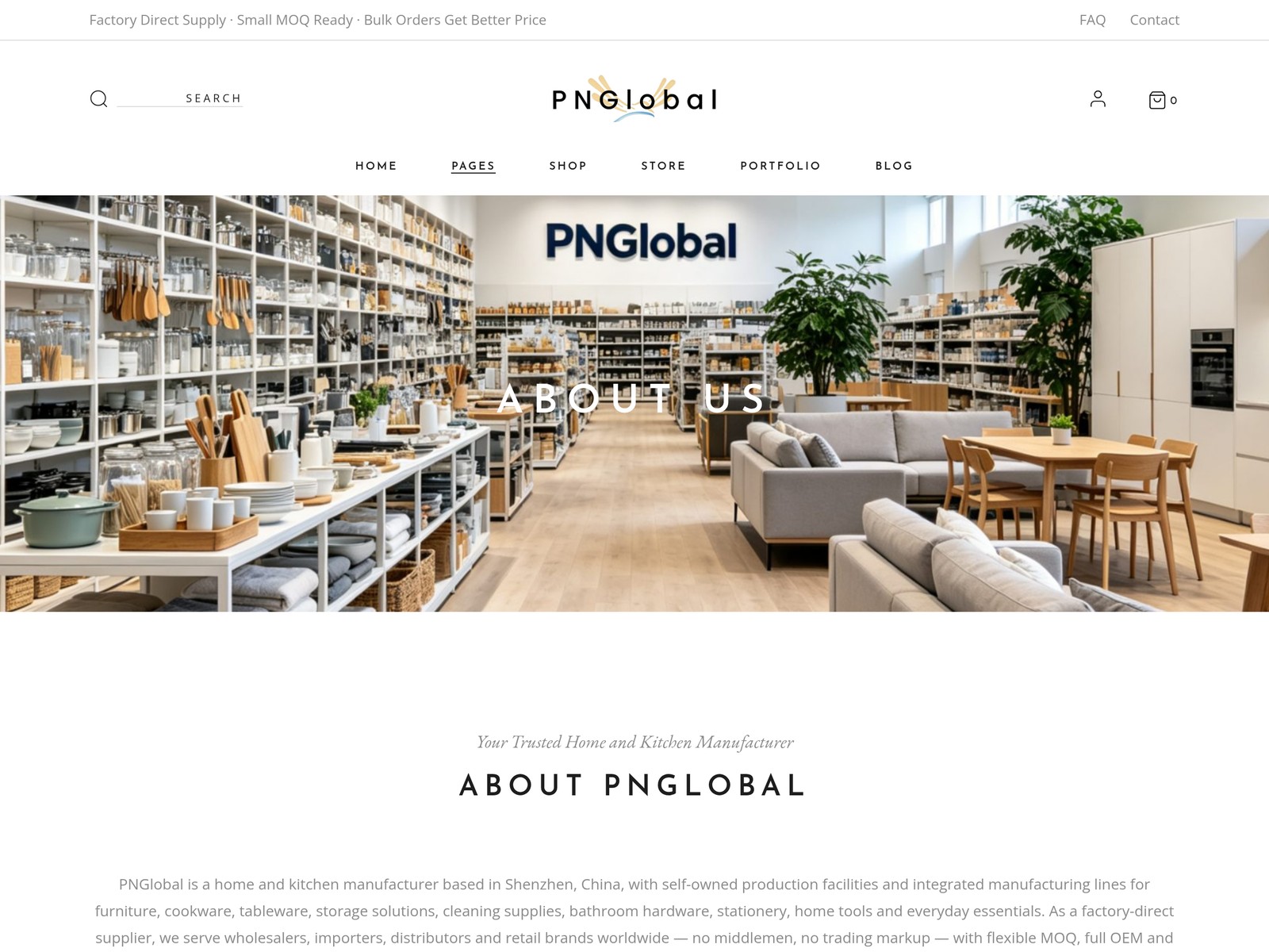 PNGlobal About Us page preview, our factory-direct home and living showroom, in-house design and manufacturing story