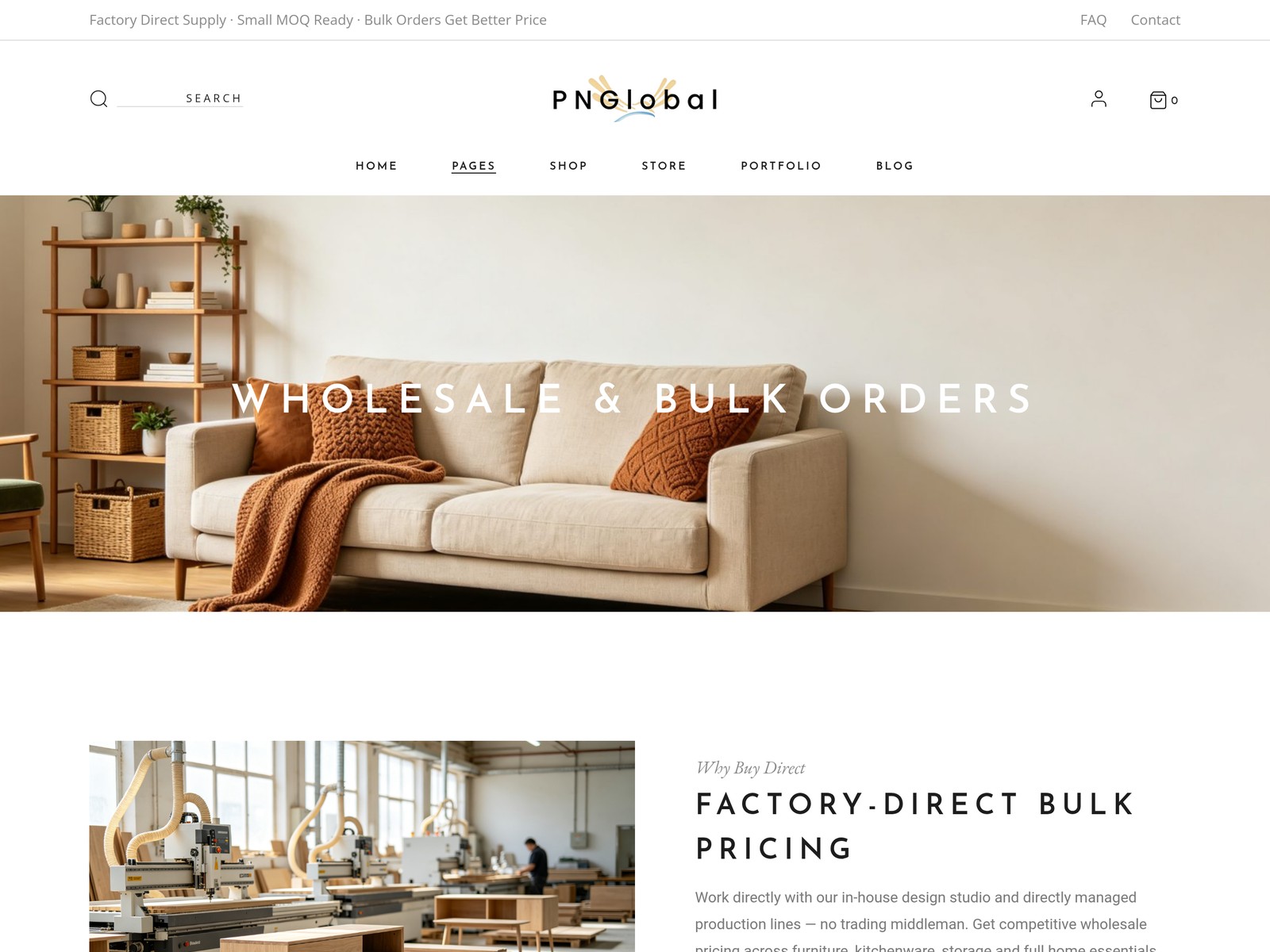 PNGlobal Wholesale and Bulk Orders page preview, factory-direct bulk pricing, MOQ and container ordering for home and living