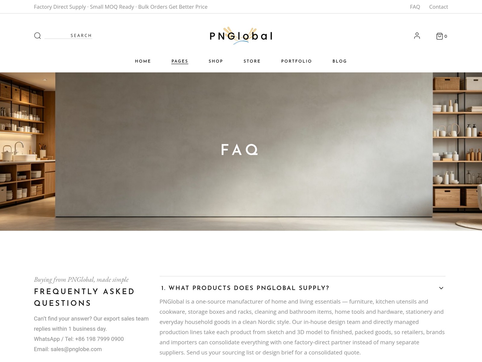 PNGlobal FAQ page preview, answers on MOQ, samples, OEM, payment, QC, lead time and hotel supply, with WhatsApp and email contact