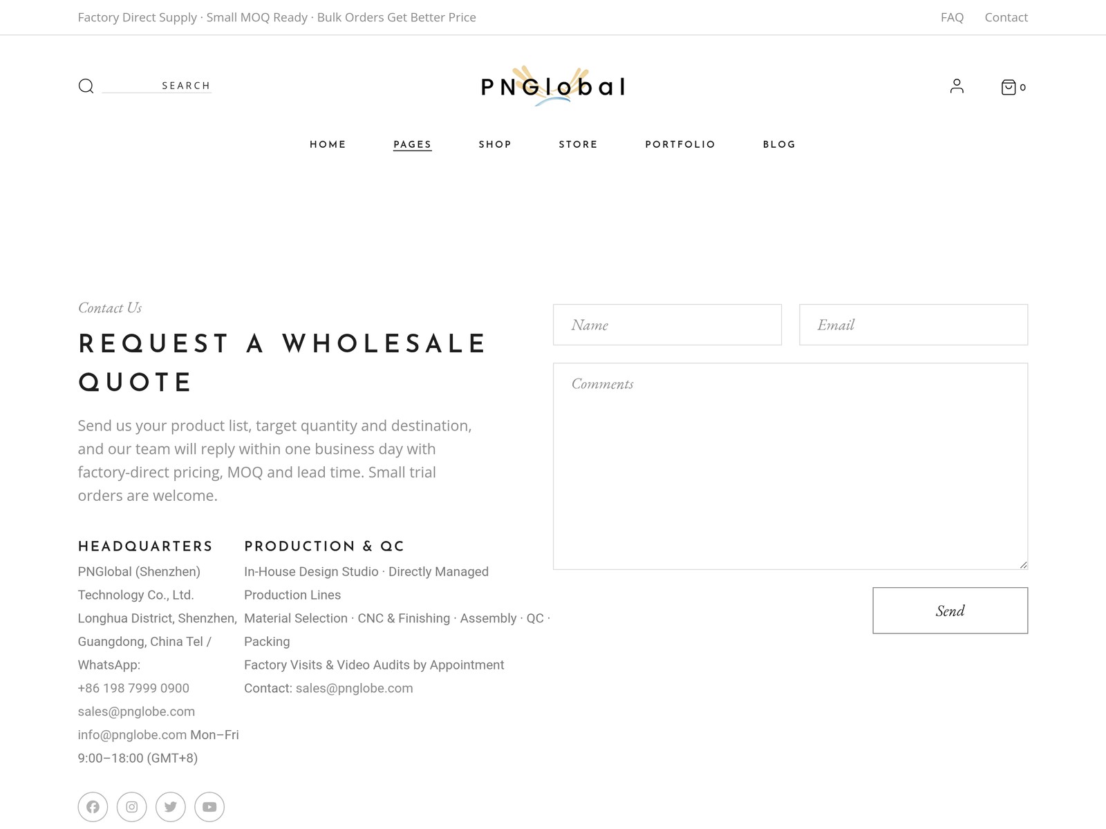 PNGlobal Request a Quote page preview, wholesale inquiry form, headquarters and export sales contact