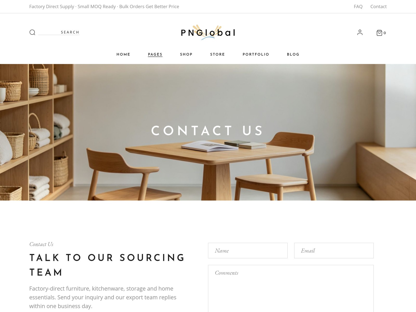 PNGlobal Contact Us page preview, talk to our export sourcing team, inquiry form and Shenzhen headquarters
