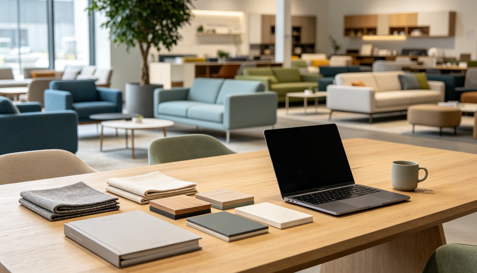 PNGlobal direct B2B account and source pricing, buyer reviewing furniture material samples on a laptop in our Nordic furniture showroom