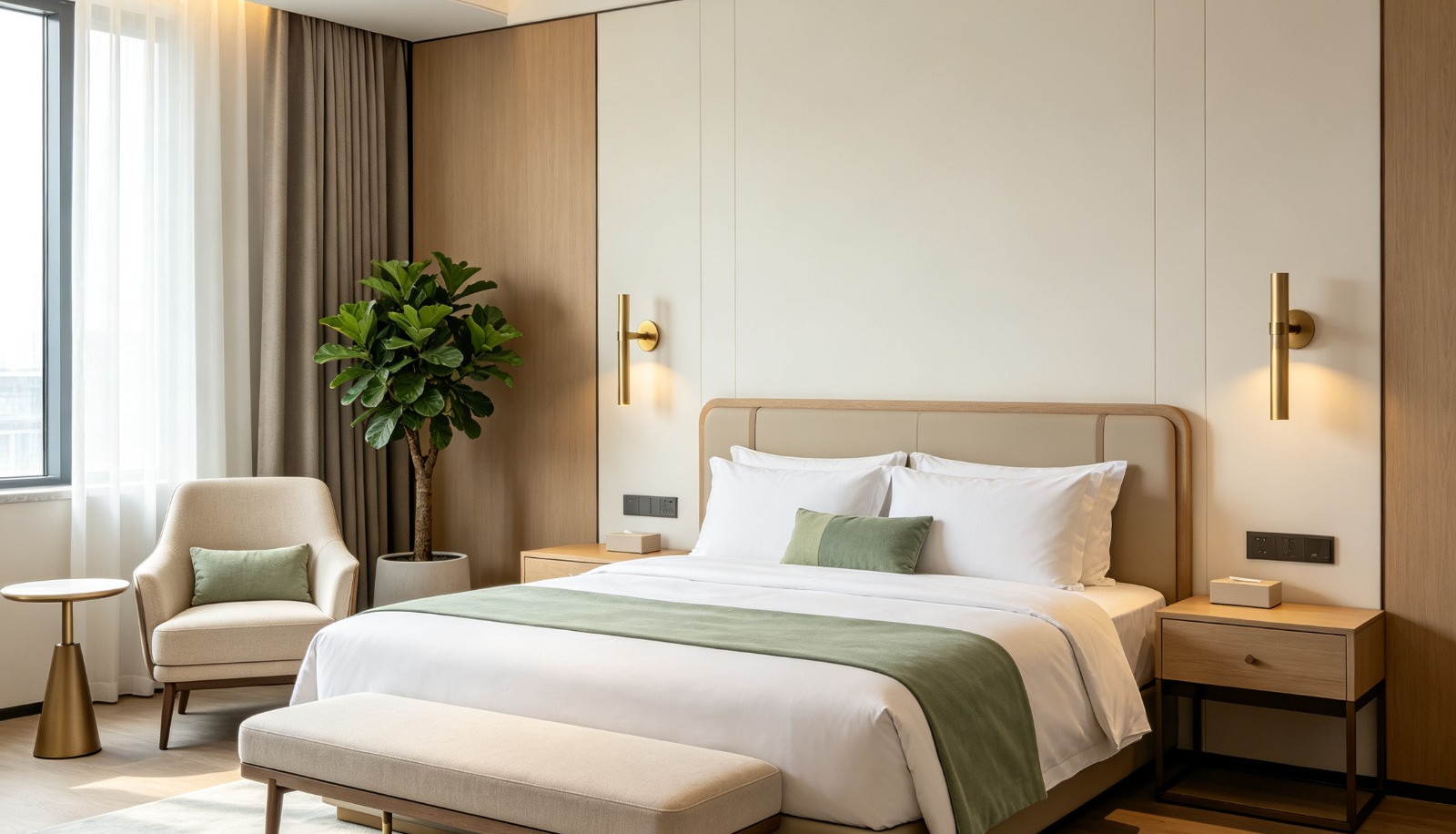 PNGlobal hospitality and project supply, coordinated sage-and-oak Nordic hotel bedroom with bed, bench, lighting and case goods for hotels and serviced apartments