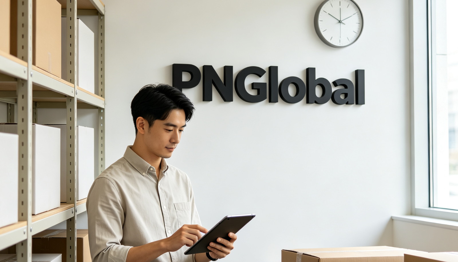 PNGlobal order tracking and on-time updates, account manager checking a production order on a tablet beside the PNGlobal sign in our warehouse