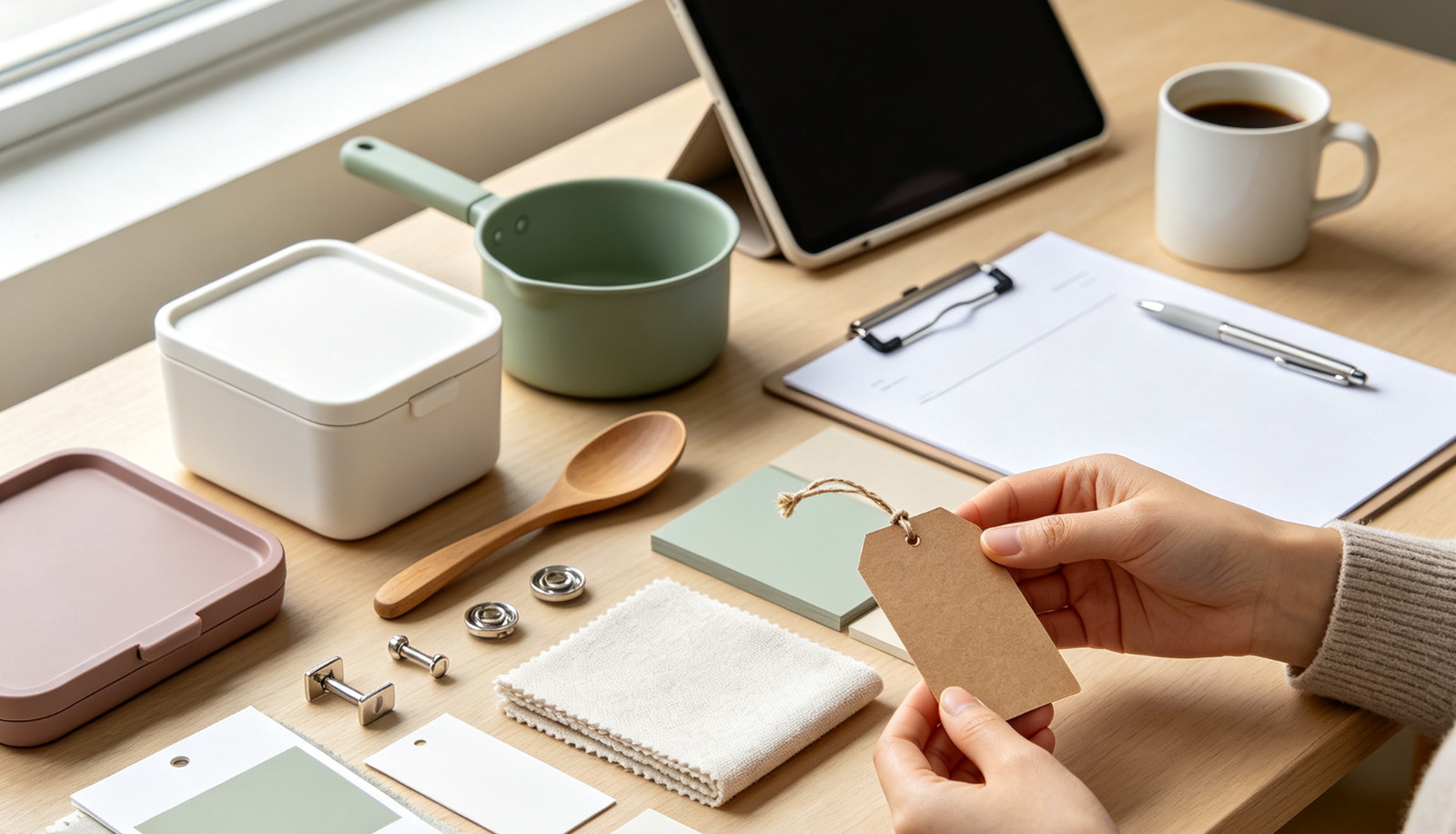 PNGlobal paid samples and proforma invoice, hands preparing product samples, colour and material swatches, hardware and a blank specification sheet on a sourcing desk