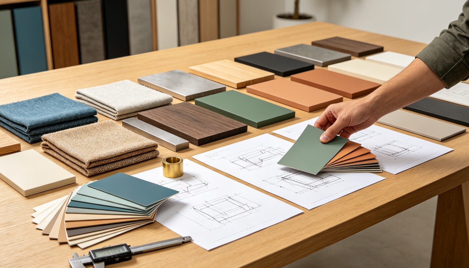 PNGlobal OEM ODM and private label, material, fabric and finish swatches, furniture drawings and a digital caliper for custom specifications