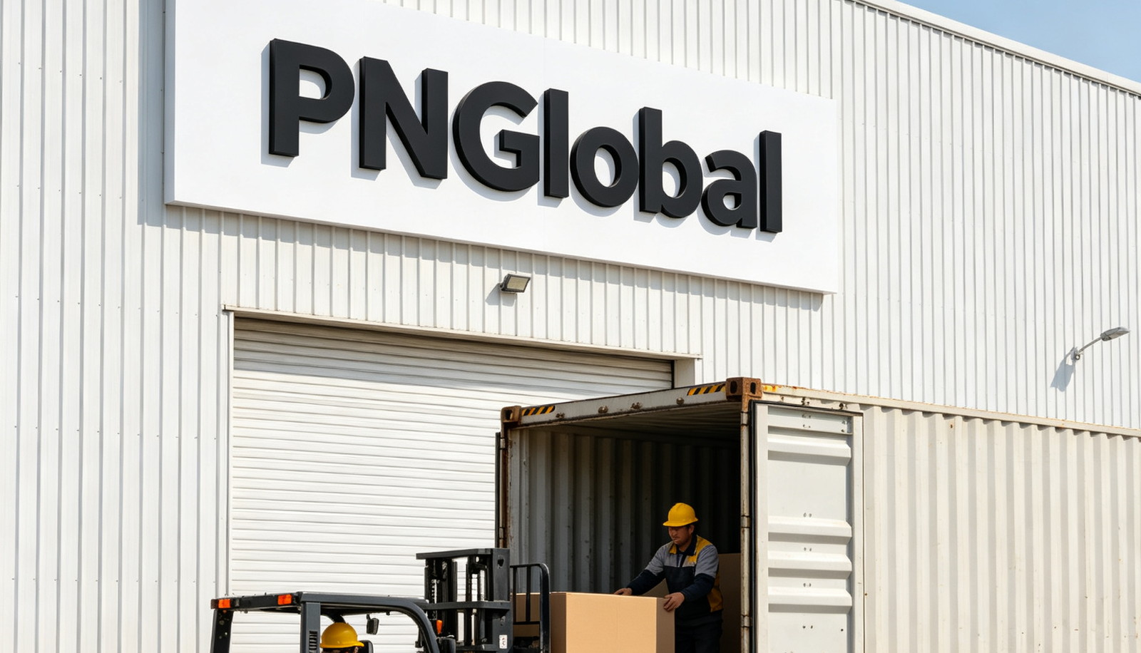 PNGlobal whole-home range mixed in one container, forklift loading export cartons into a container truck at the PNGlobal warehouse dock