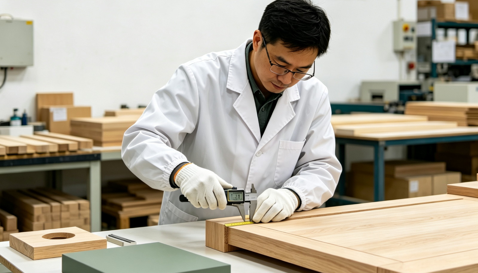 PNGlobal multi-stage quality control, QC inspector in a white coat and gloves measuring an oak furniture panel with a digital caliper at the workshop bench