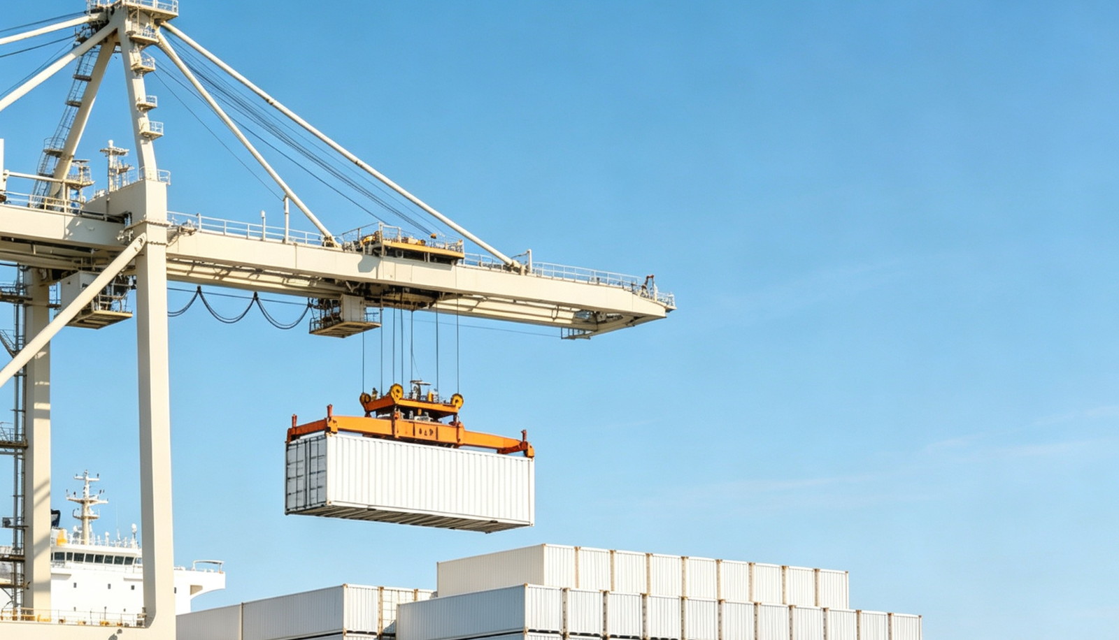 PNGlobal verified export worldwide, gantry crane loading a container onto a container ship at a deep-sea port for global sea freight
