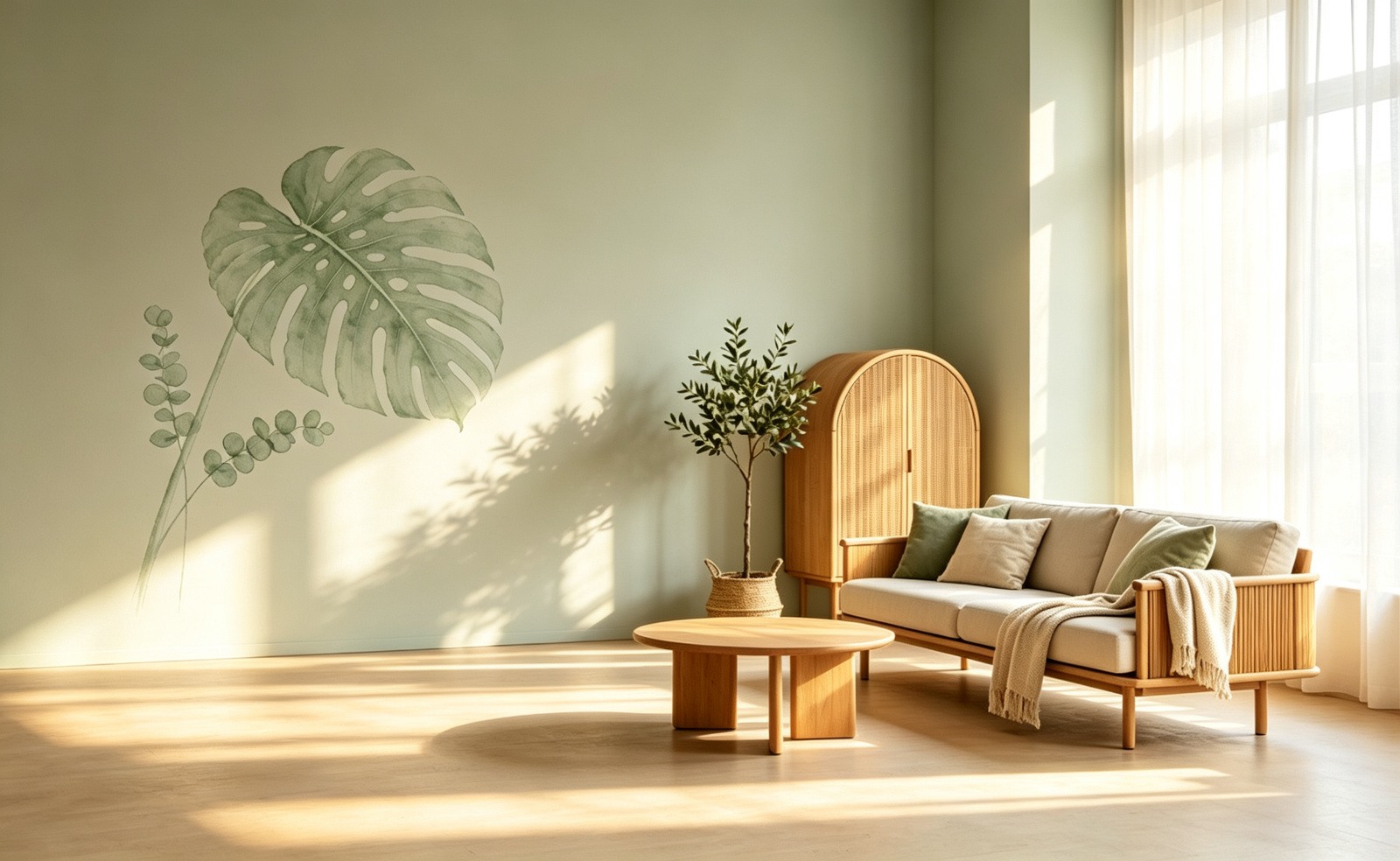 PNGlobal Nordic wooden furniture wholesale, Scandinavian three-seat oak sofa, arched storage cabinet and round coffee table for retailers and hotels