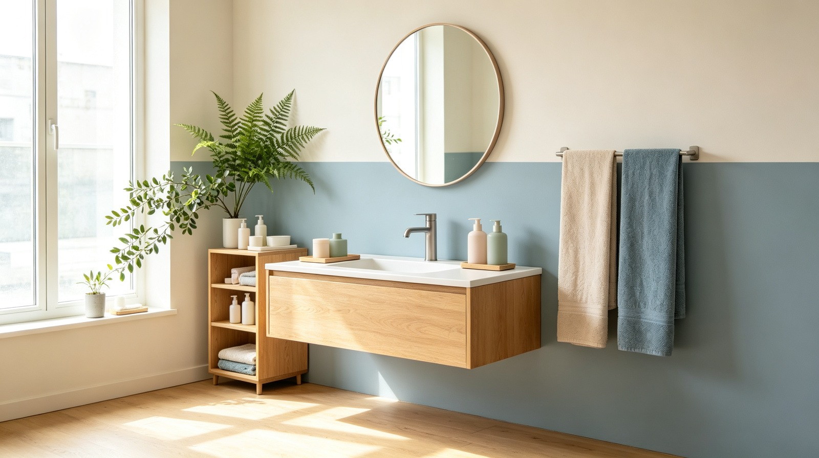 PNGlobal wholesale bathroom fixtures, oak floating vanity with matte basin, bronze faucet, linen towels and soft blue wall with a fern