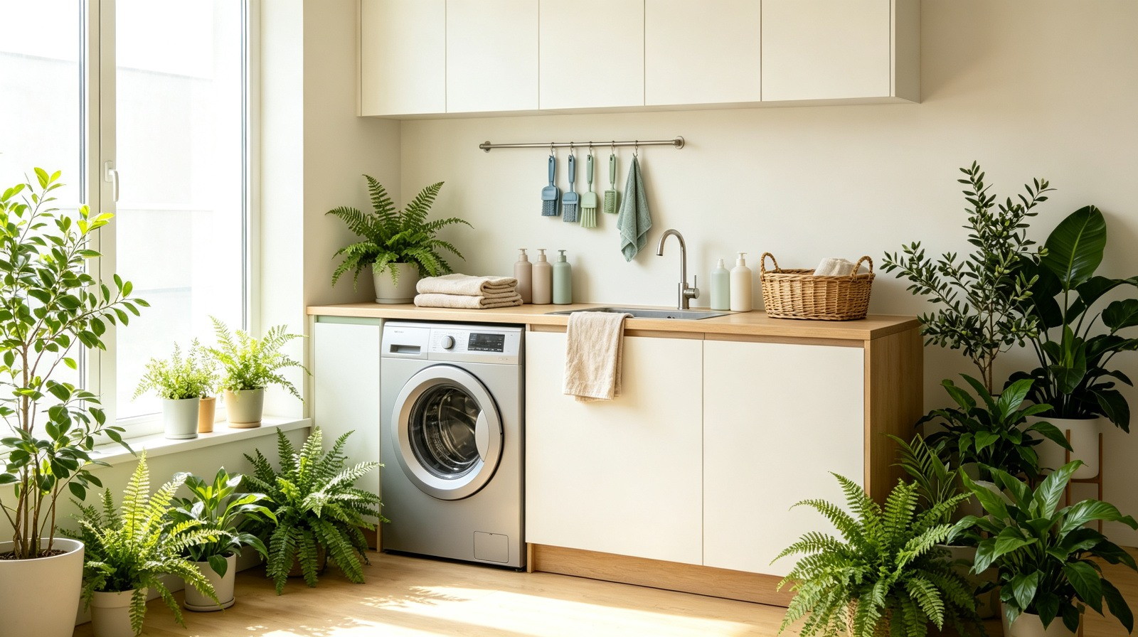 PNGlobal wholesale cleaning and laundry supplies, bright utility room with washer, matte pump bottles, wicker basket, towels and lush greenery