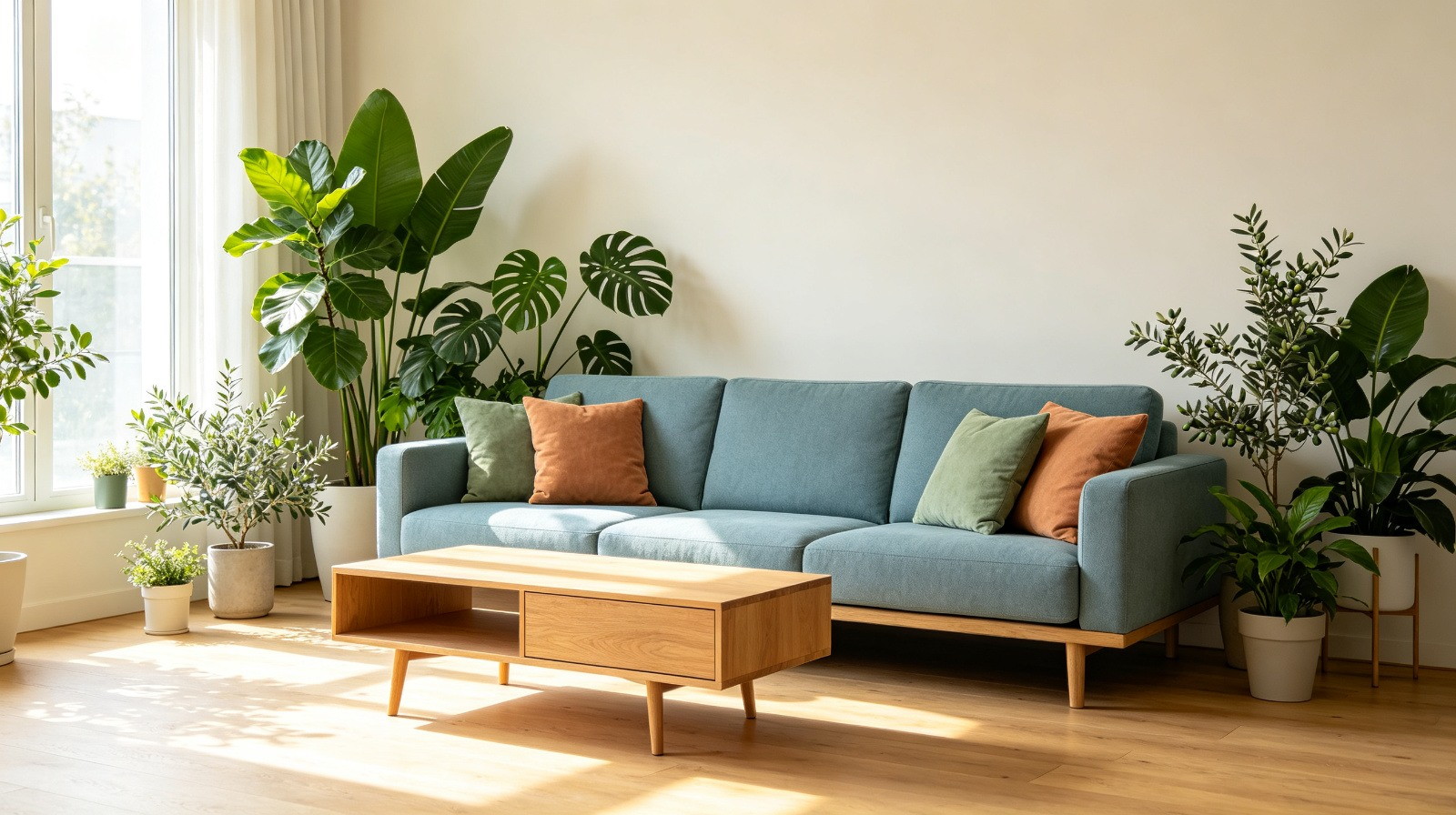 PNGlobal wholesale Nordic living room furniture, dusty-blue linen sofa with sage and apricot cushions among lush monstera, banana and olive greenery