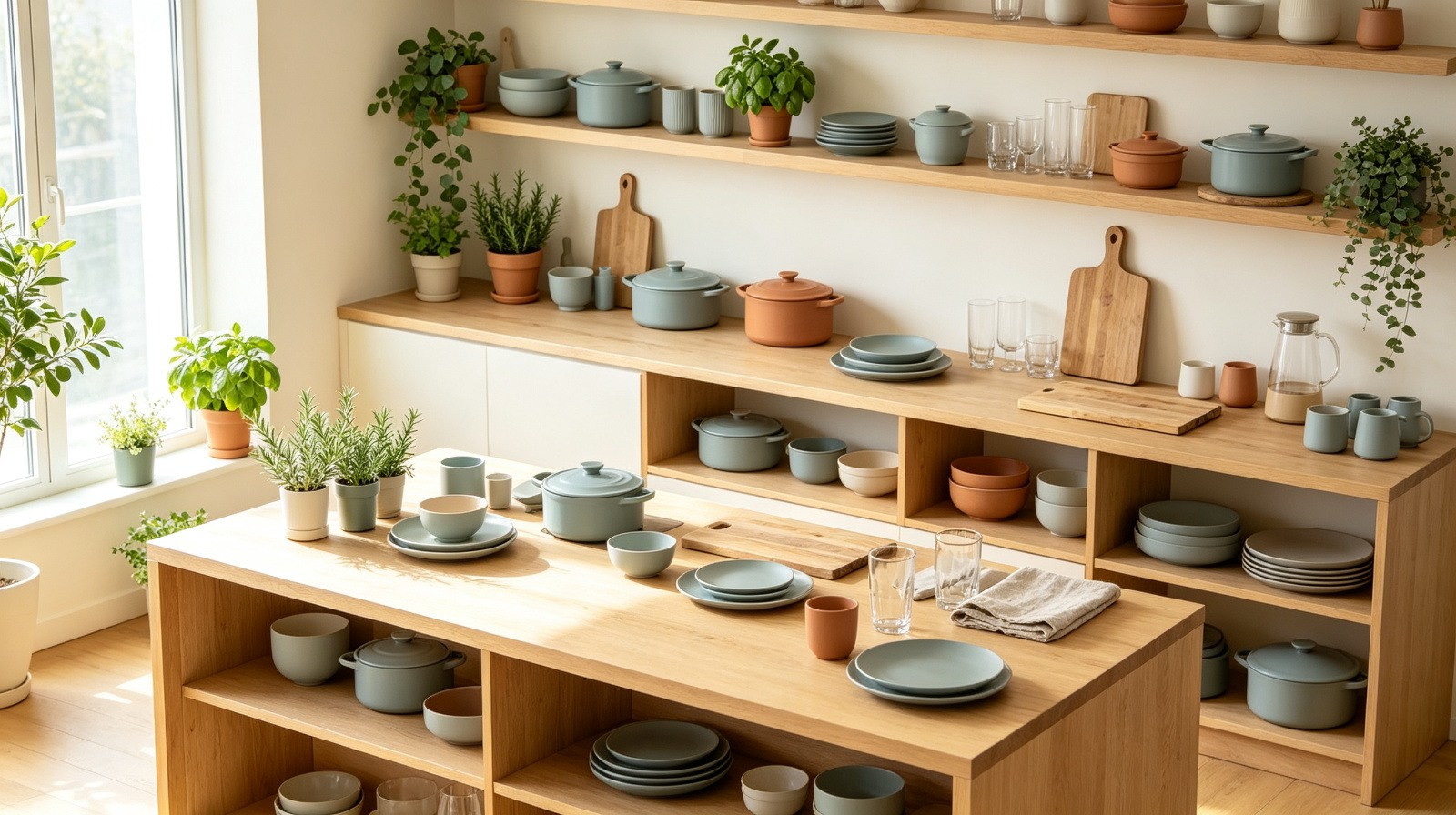 PNGlobal wholesale kitchen and dining essentials, matte blue and terracotta cookware and tableware on oak shelving with fresh herbs