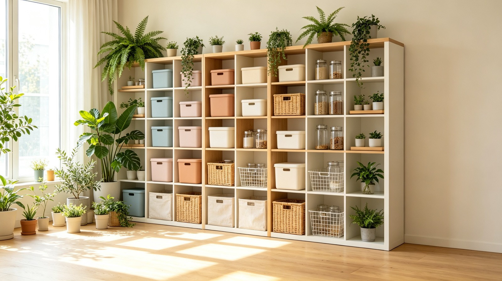 PNGlobal wholesale storage and organization, Morandi fabric and plastic storage bins with woven baskets in a white cubby with lush ferns