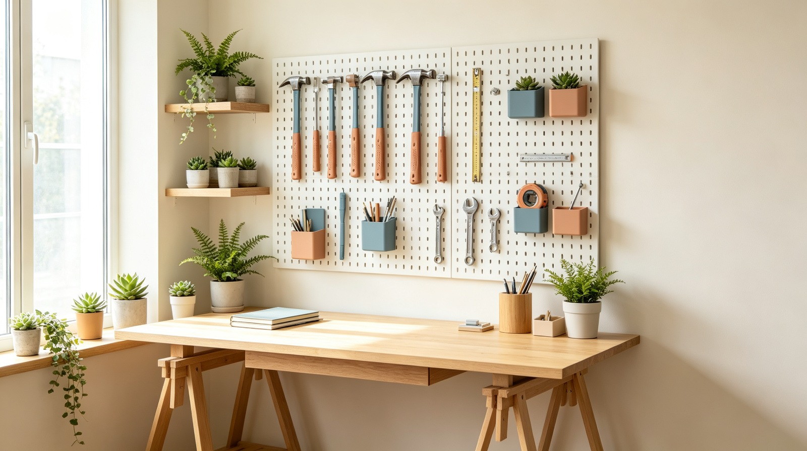 PNGlobal wholesale household tools, hardware on a white pegboard and home-office stationery on an oak desk with succulents and ferns