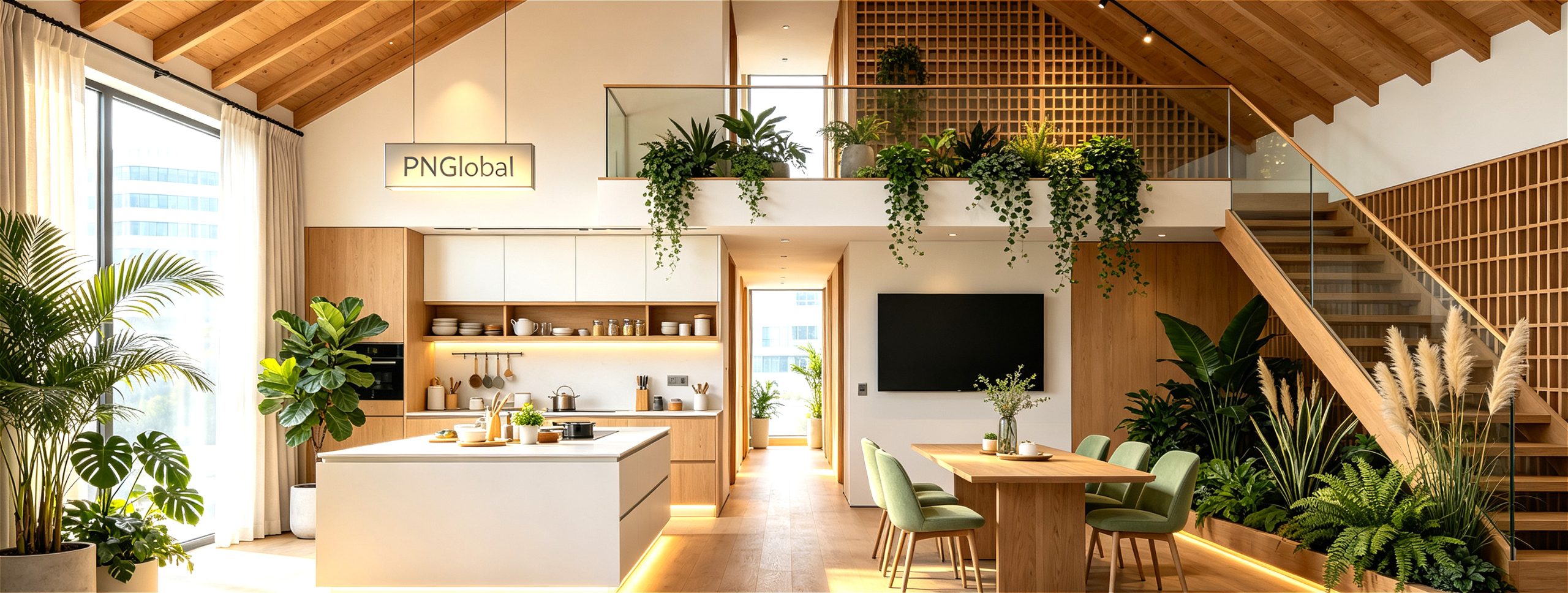 PNGlobal two-story Nordic home showroom with kitchen and dining, factory-direct furniture kitchenware storage and home essentials wholesale