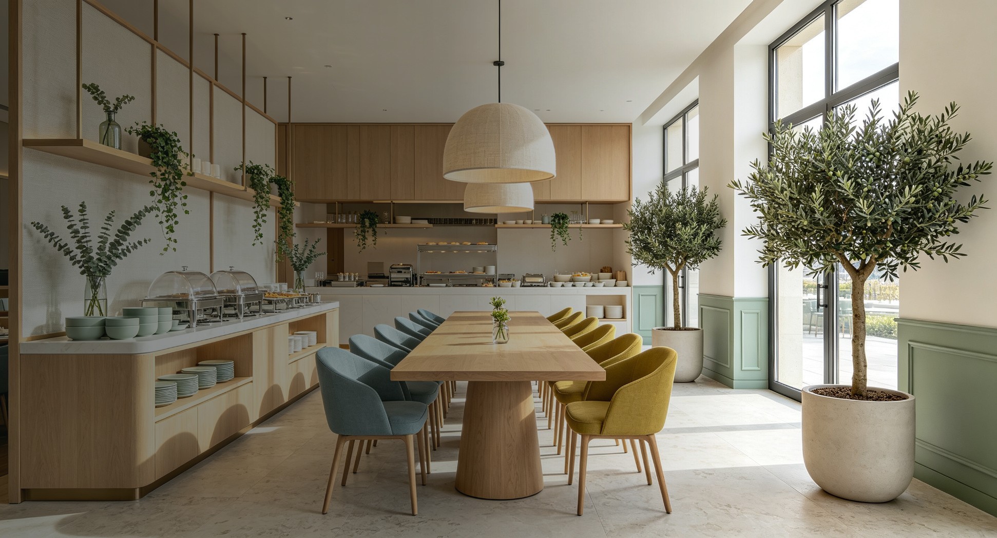 Nordic hotel breakfast and dining hall with long oak table, buffet counter, blue and mustard chairs, olive trees and sage paneling — dining and F&B furniture and OS&E supply, factory direct, PNGlobal