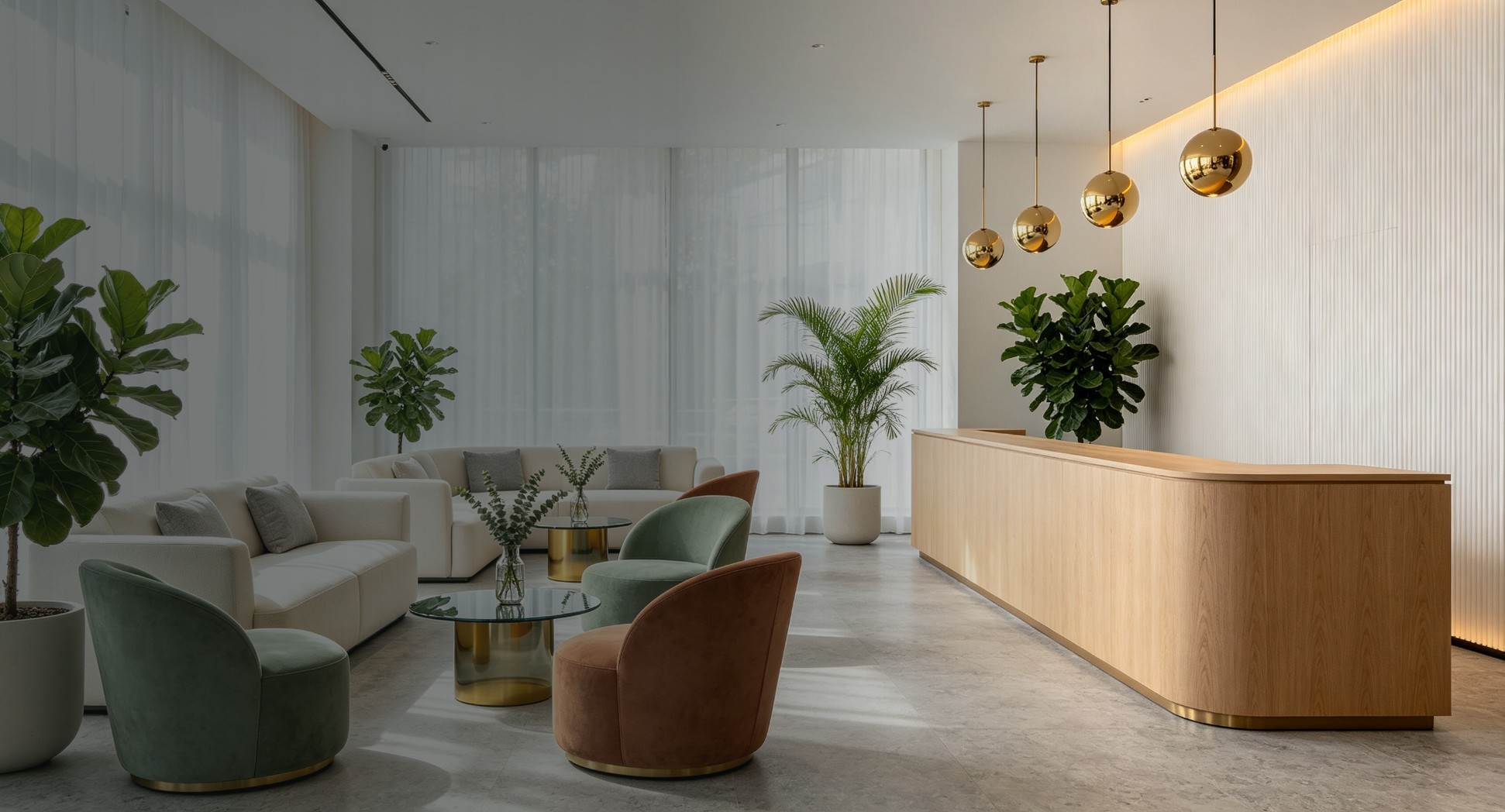 Nordic hotel lobby and reception lounge with cream sofas, sage and terracotta velvet armchairs, oak front desk, brass globe pendants and greenery — lobby and common area furniture supply, factory direct, PNGlobal