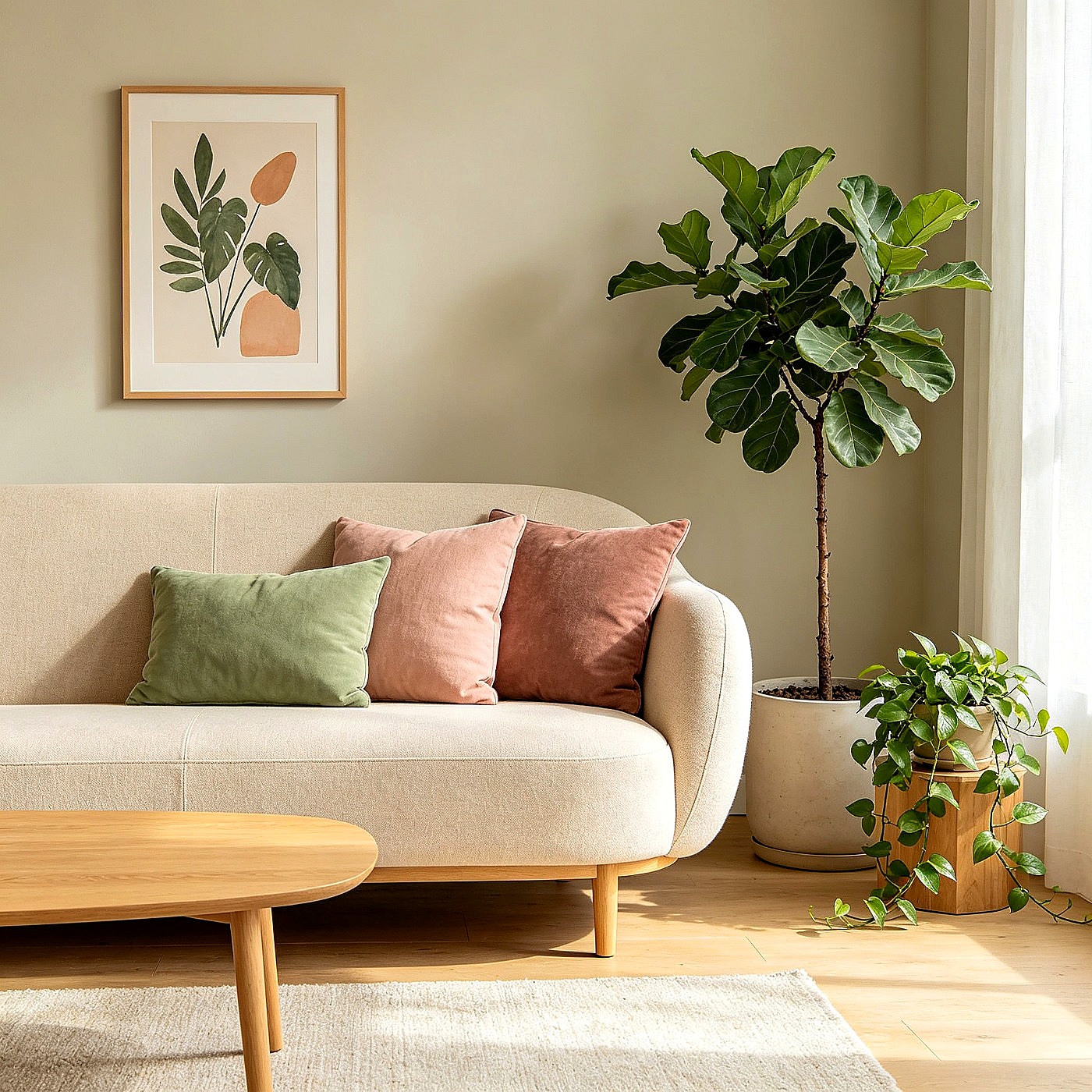 PNGlobal Nordic beige linen sofa with sage and dusty-rose cushions, fiddle-leaf fig and oak coffee table, factory-direct wholesale Scandinavian furniture