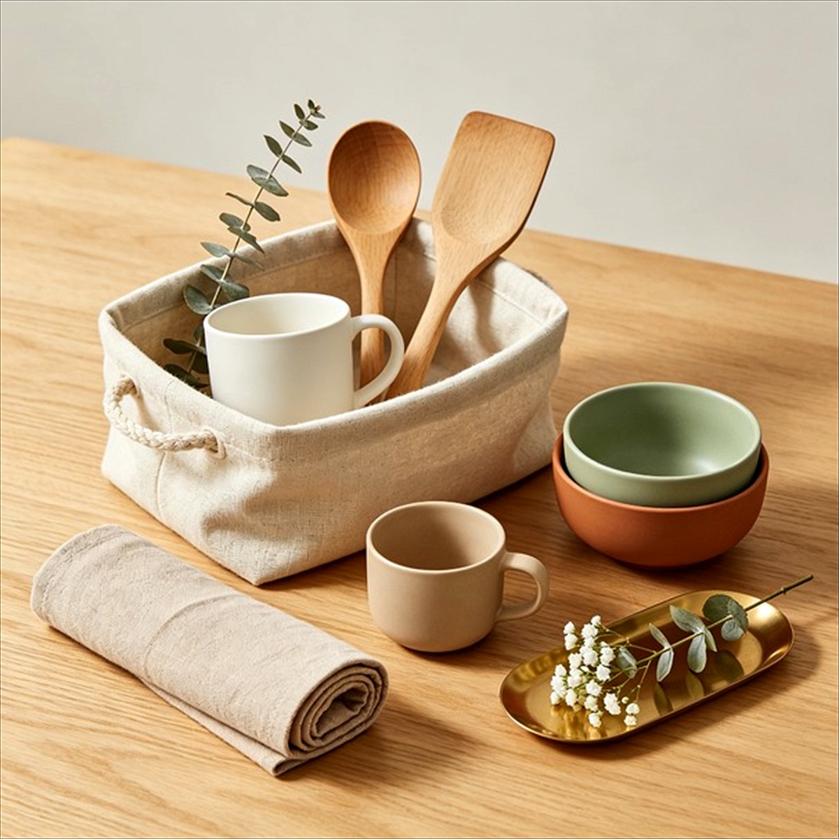 PNGlobal Nordic home essentials, ceramic mugs and bowls, wooden utensils in a linen basket with eucalyptus, factory-direct wholesale tableware and décor