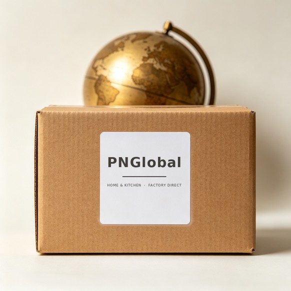 Sealed PNGlobal export carton with a globe, representing factory-direct worldwide delivery of home and kitchen products.