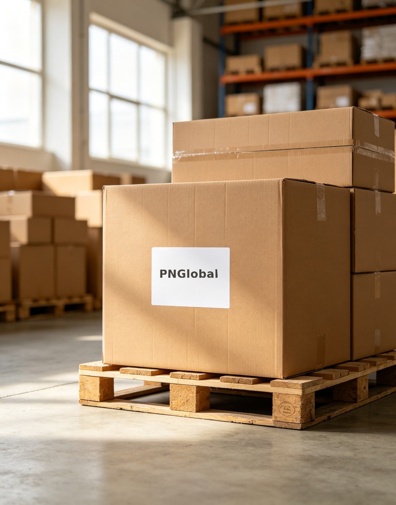 PNGlobal export warehouse with labeled cartons on a pallet, for factory-direct worldwide shipping of home and kitchen goods.